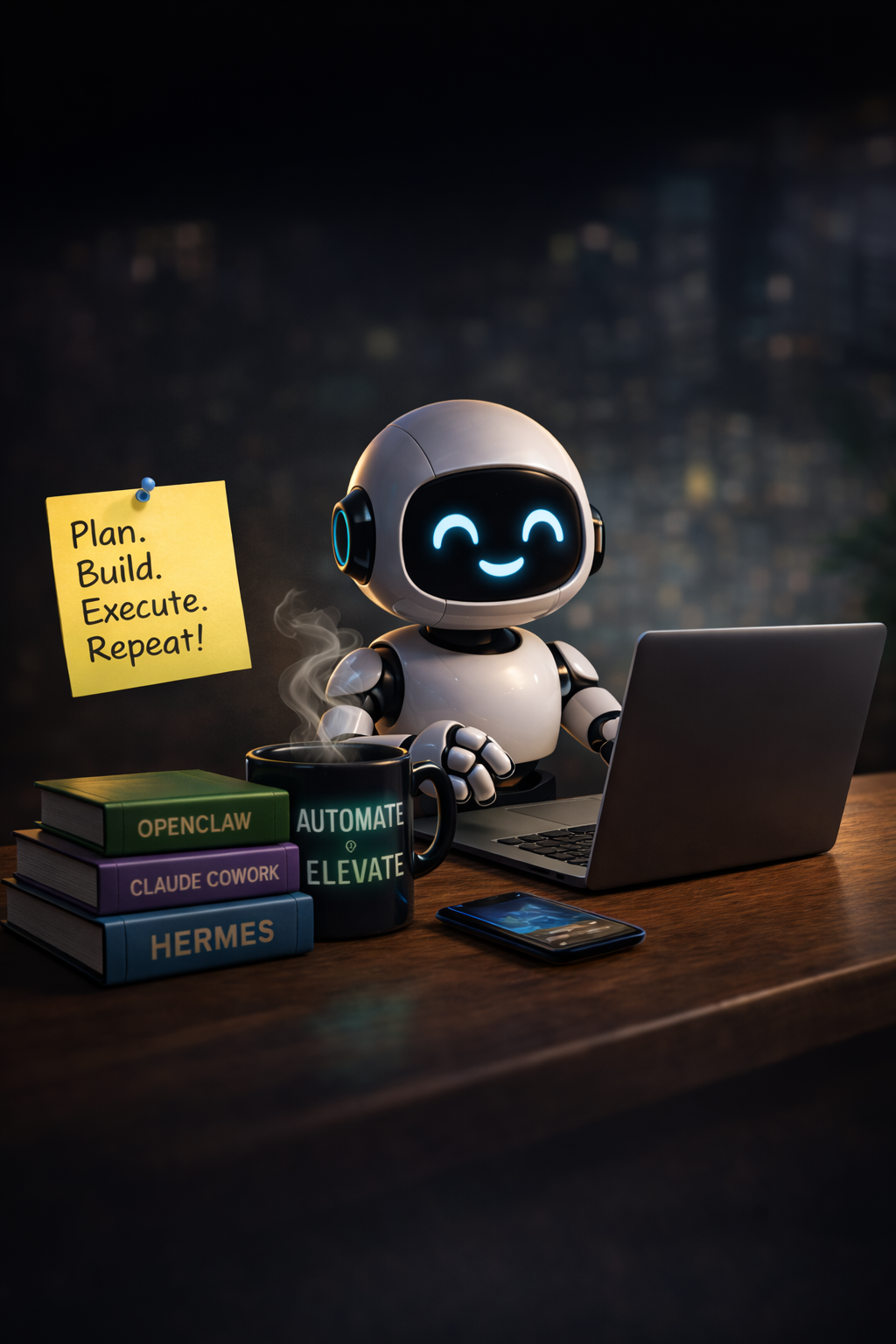 Friendly robot using a laptop with AUTOMATE & ELEVATE mug